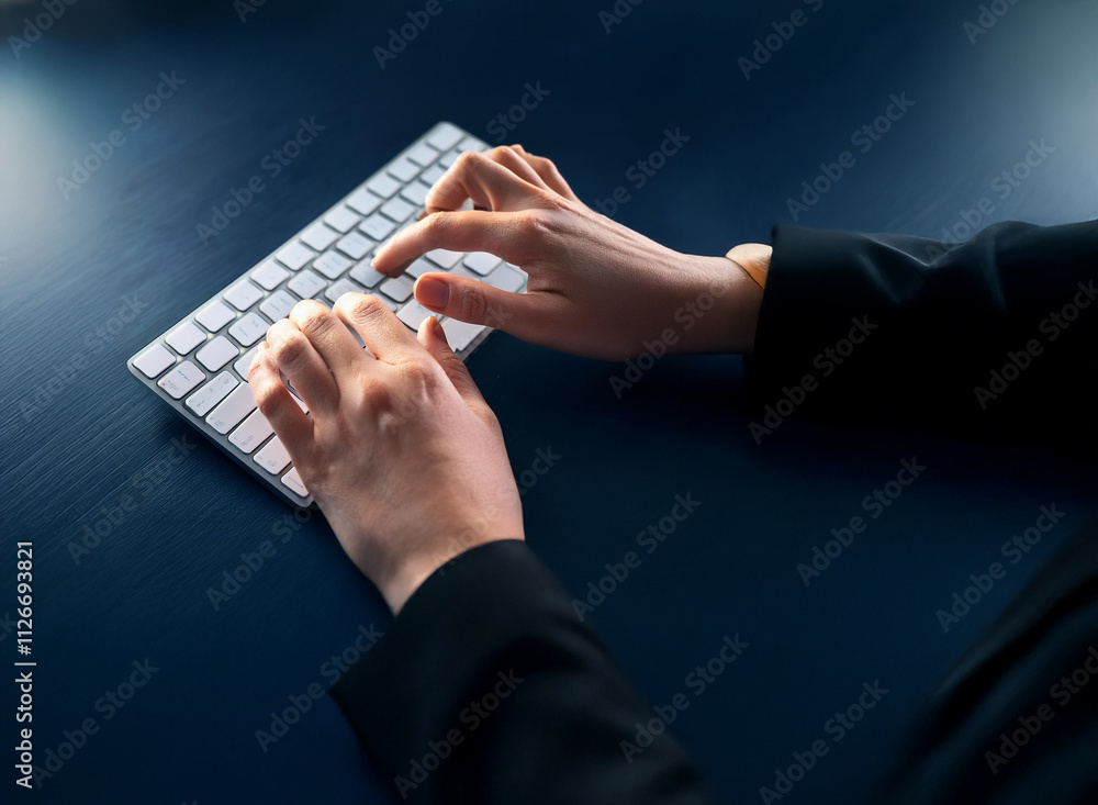 Poster Close-up of hands typing on a wireless keyboard, showcasing efficient work and digital interaction on a dark desk.