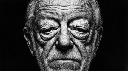 A close-up portrait of an elderly man with deep wrinkles and a solemn expression.