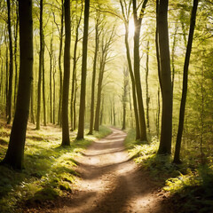 Fototapeta premium Bäume - Schöner Waldweg am Morgen