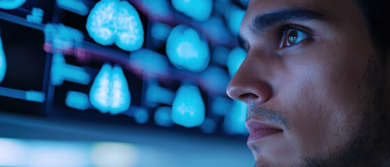 A focused individual analyzing advanced brain scans on a high-tech display, highlighting neuroscience innovation. visualizing future possibilities.