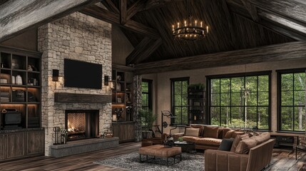 Luxurious Rustic Living Room with Stone Fireplace and Forest Views