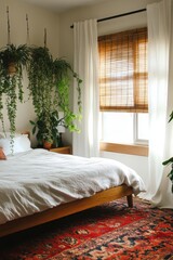 Cozy Boho Bedroom with Lush Greenery and Warm Lighting