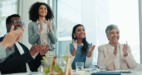 Business people, happy group and applause at meeting for celebration, support and cheers in office....