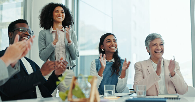 Business people, happy group and applause at meeting for celebration, support and cheers in office. Training conference, audience and clapping hands at workshop, seminar and success at presentation - Powered by Adobe