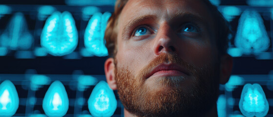 A thoughtful man observes data on screens, showcasing his engagement with advanced technology and research. visualizing future possibilities.