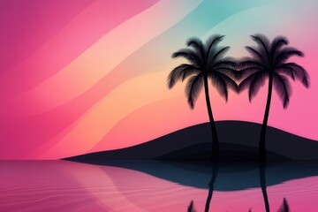 Naklejka premium beach sunset collage, artistic palm tree collage against colorful sky, retro wave palette, reflecting on serene beach waters a visual delight