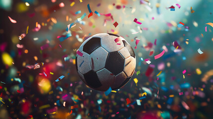 Fototapeta premium A soccer ball surrounded by colorful confetti, symbolizing celebration and sports victory