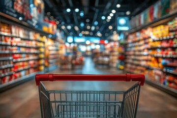 Shopping Cart in Blurred Supermarket Aisle