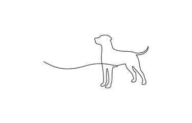 Silhouette of abstract dog as one line drawing on white background,dog in continuous line art drawing style. Puppy minimalist black linear sketch isolated on white background. Vector illustration.