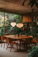 Cozy Midcentury Modern Dining Room with Lush Foliage View