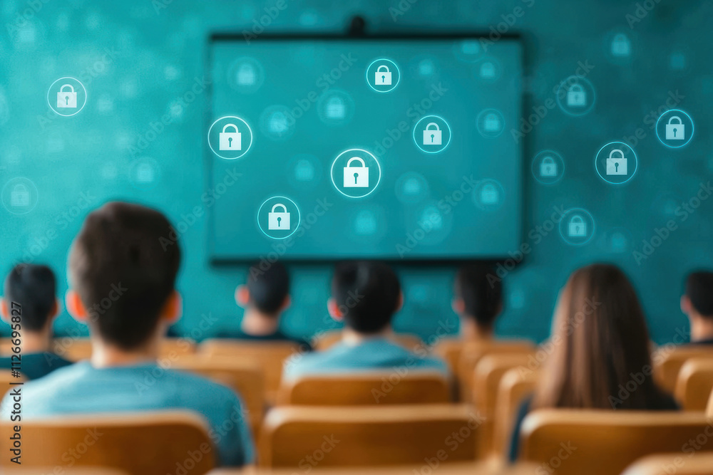 Poster a classroom setting with a digital screen displaying lock icons, symbolizing online security and pri