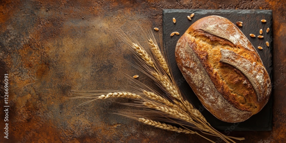 Poster wheat bread displayed elegantly within a frame, set against a textured dark rusty background, highli