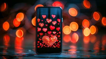 Digital valentine s day banner featuring animated hearts and a joyful message on screen