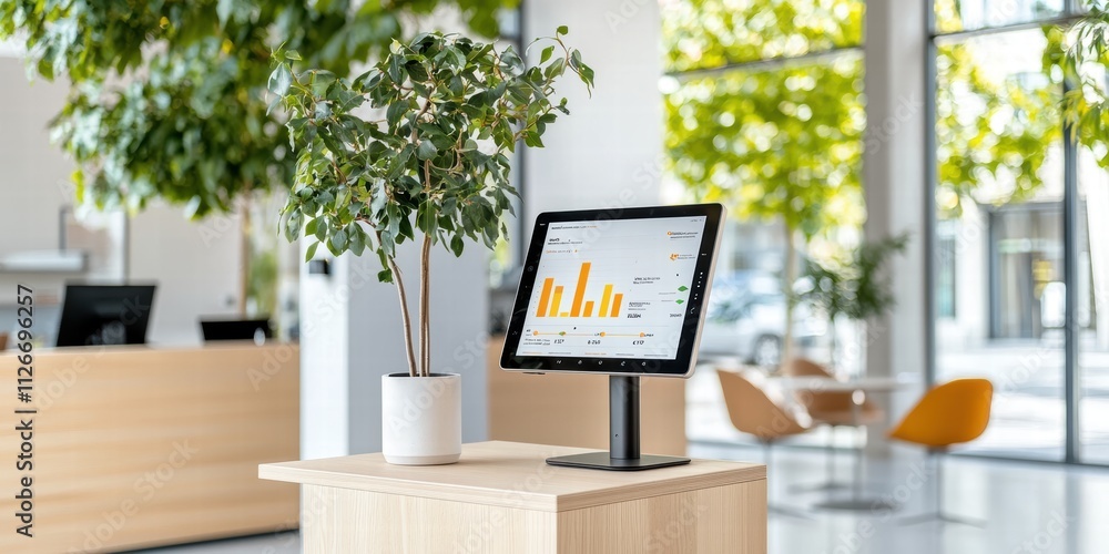 Poster a modern workspace featuring a computer displaying graphs, accompanied by a small potted plant, in a