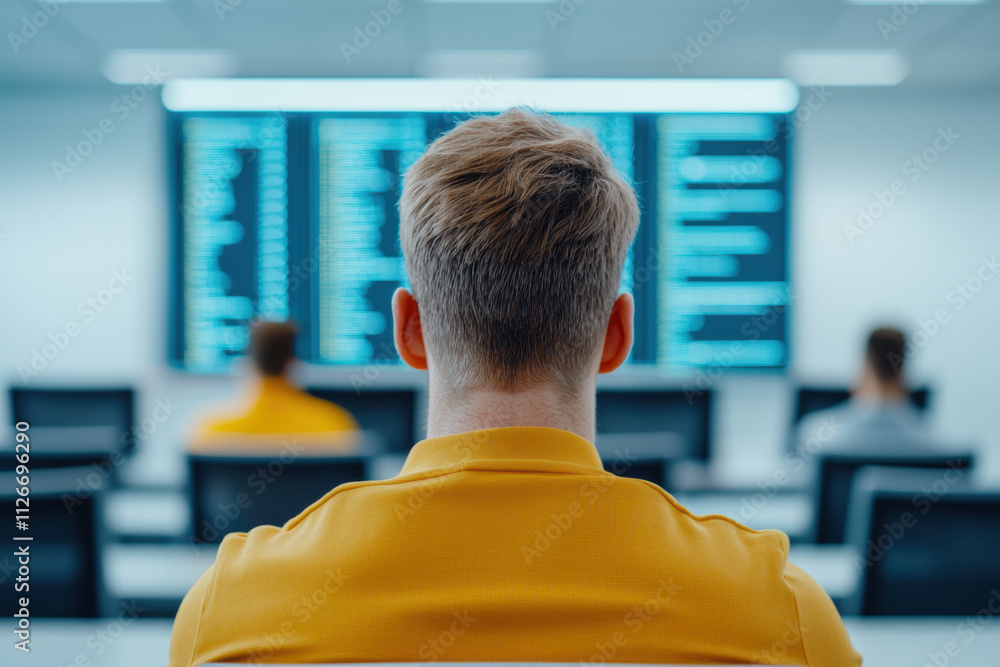 Aufkleber a focused individual observing data analytics on a large screen in a modern office environment.