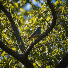 Fototapeta premium Bäume - Kleiner Vogel ruht auf einem Ast im Baum
