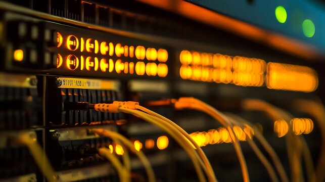 Close-up of Fiber optic cable network lights up with connected to server rack for Modern data storage center technology concept.