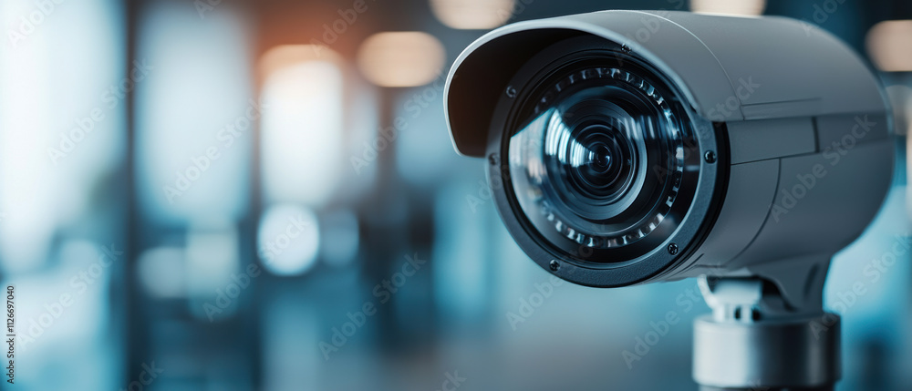 Poster close-up of a modern security camera with advanced optics in a contemporary setting.