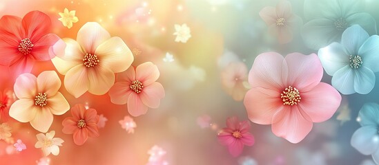 Fototapeta premium Pastel floral background with soft focus and bokeh effect, featuring various colors of flowers.
