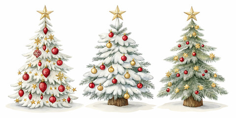 Three Beautifully Decorated Christmas Trees With Ornaments and Stars