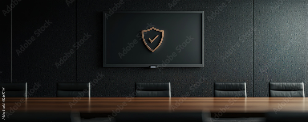 Poster modern conference room with sleek design, featuring a large screen displaying a security symbol on a