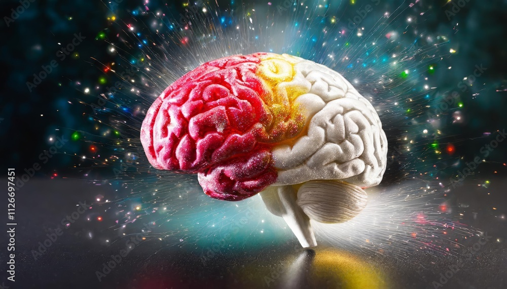 Poster a vibrant human brain overflowing with creativity a kaleidoscope of colors and dynamic actions repre