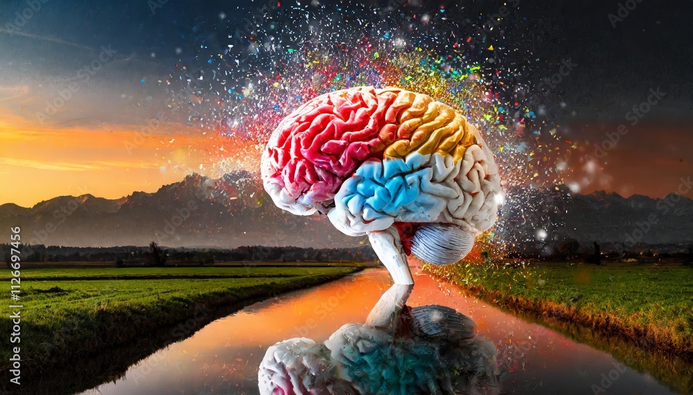 Poster a vibrant representation of the human brain overflowing with creativity a colorful journey through i