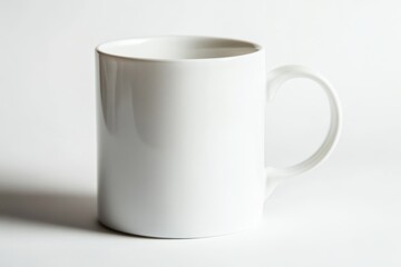 Fototapeta premium Minimalistic white ceramic mug with smooth handle isolated on white background, ideal for beverage and lifestyle themes