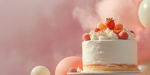 Celebration cake adorned with fresh fruits on display against a soft pink background