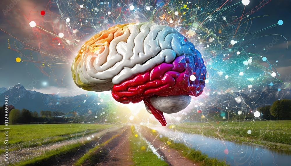 Poster a vibrant human brain overflowing with creativity a colorful representation of imagination, innovati