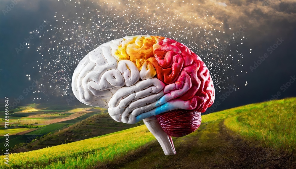 Poster a vibrant human brain overflowing with creativity a kaleidoscope of colors and dynamic actions repre