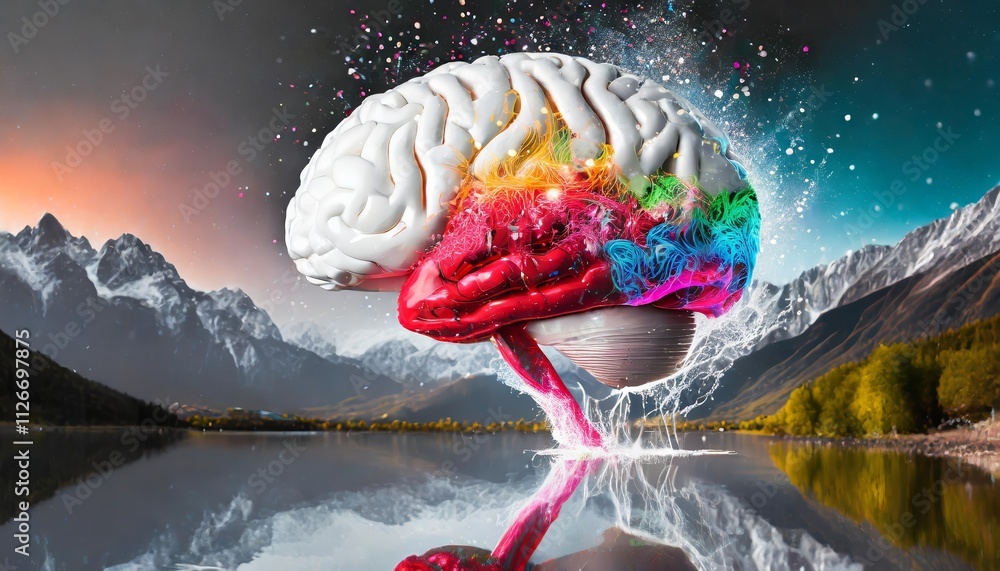 Poster a vibrant human brain overflowing with creativity a kaleidoscope of colors and dynamic action repres