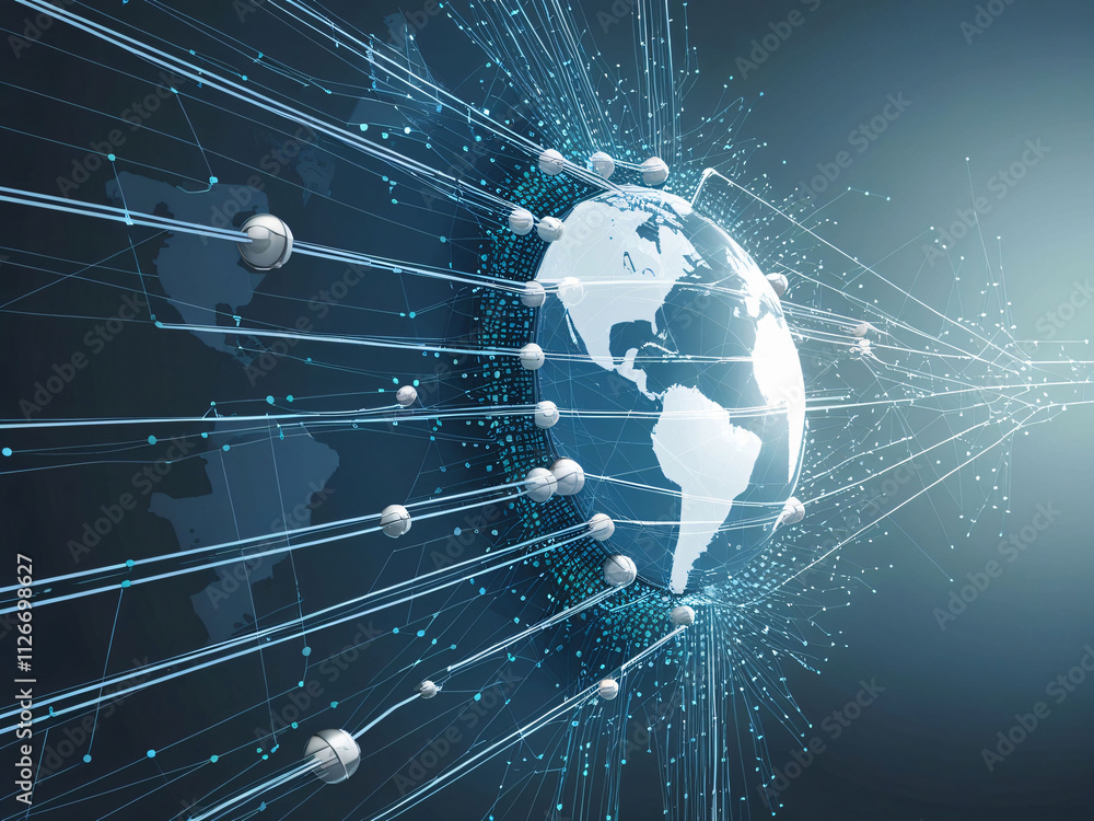 Poster a digital representation of the earth showcases a globe enveloped in energetic lines and data points