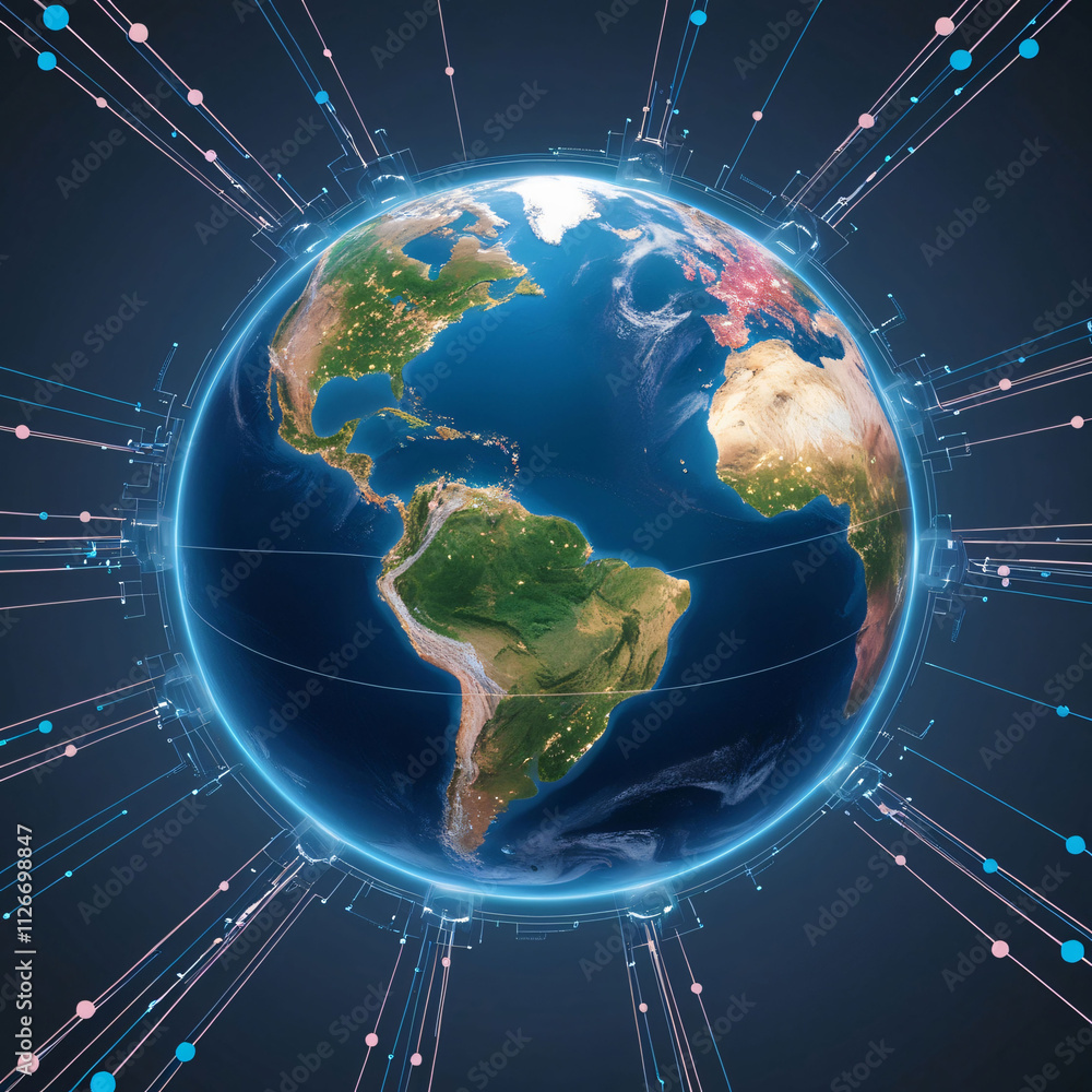 Poster technology connects the globe through digital networks and data sharing in a conceptual visualizatio