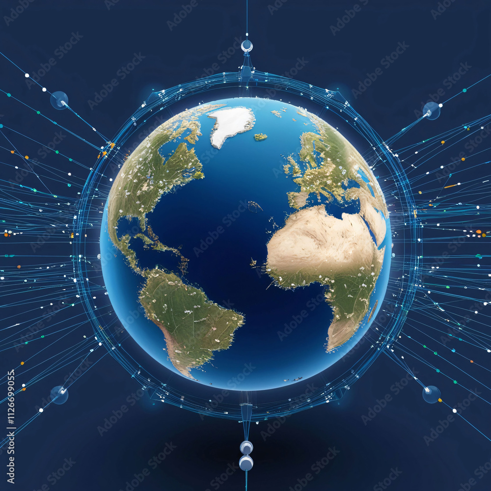 Poster technology connects the globe through digital networks and data sharing in a conceptual visualizatio