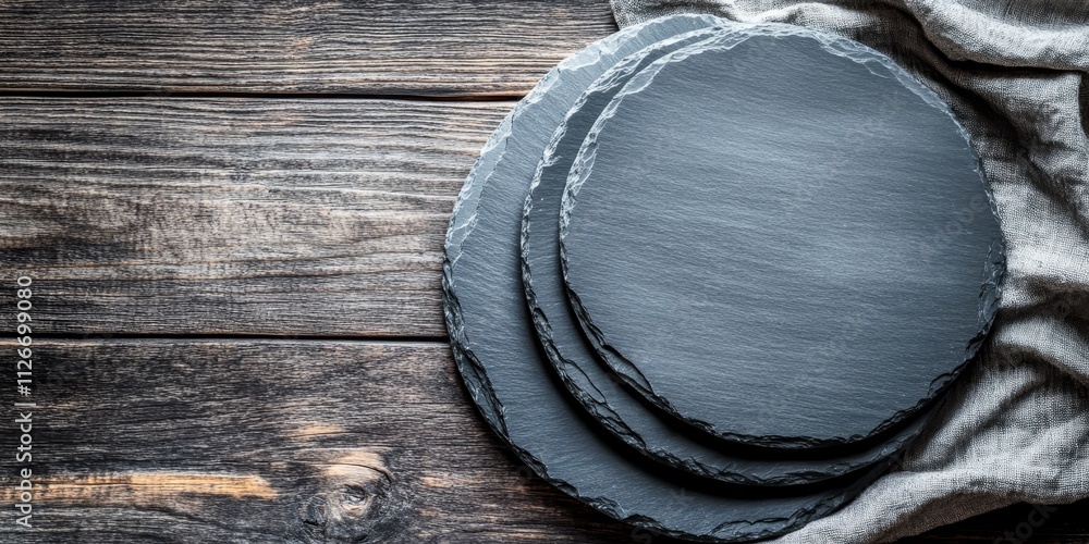 Poster empty slate plates and a tablecloth create an elegant display over a dark wooden background, highlig