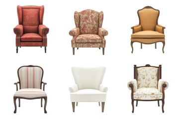 Vintage armchairs in various classic styles, provided as a transparent PNG, ideal for furniture catalogs, interior design projects, and decorative illustrations.

