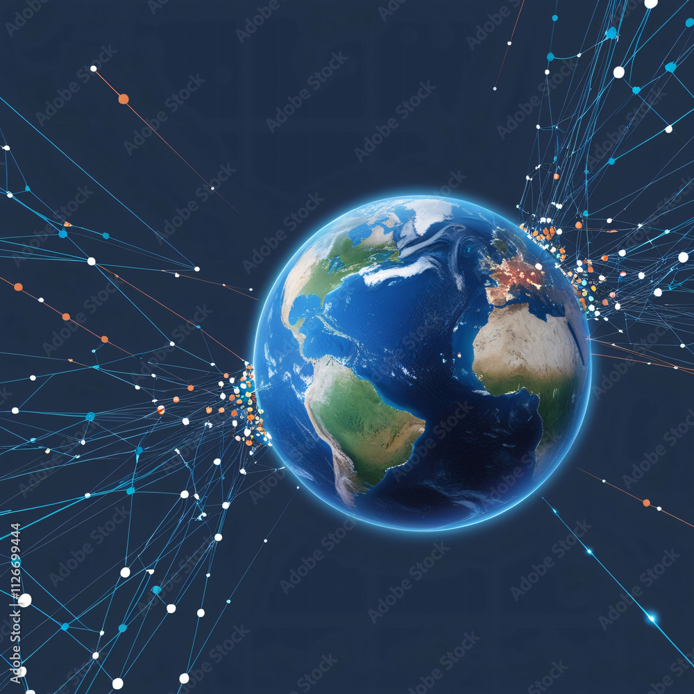 Poster technology connects the globe through digital networks and data sharing in a conceptual visualizatio