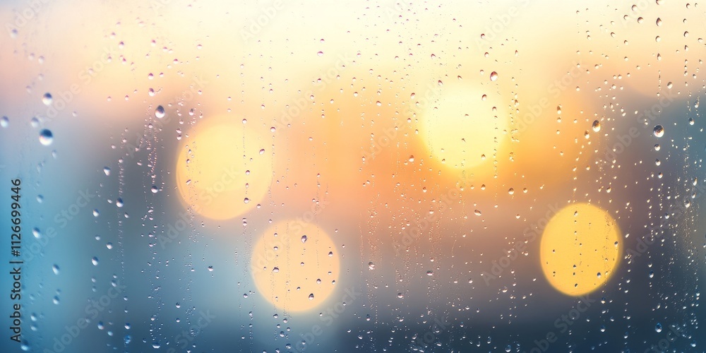 Poster defocused background featuring drops of rain on a window, with a beautiful sunrise creating bokeh li