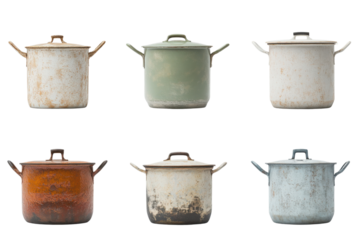 Cooking pots in rustic and vintage styles, presented as a transparent PNG, ideal for kitchen decor, historical themes, and menu illustrations.


