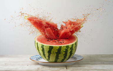 Watermelon bursting open with splashes of juice in a kitchen setting