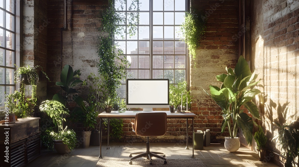 Poster sunlit workspace with plants and computer screen