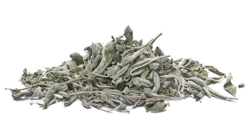 Pile dried sage leaves for tea, Salvia farinacea, isolated on white background, side view	