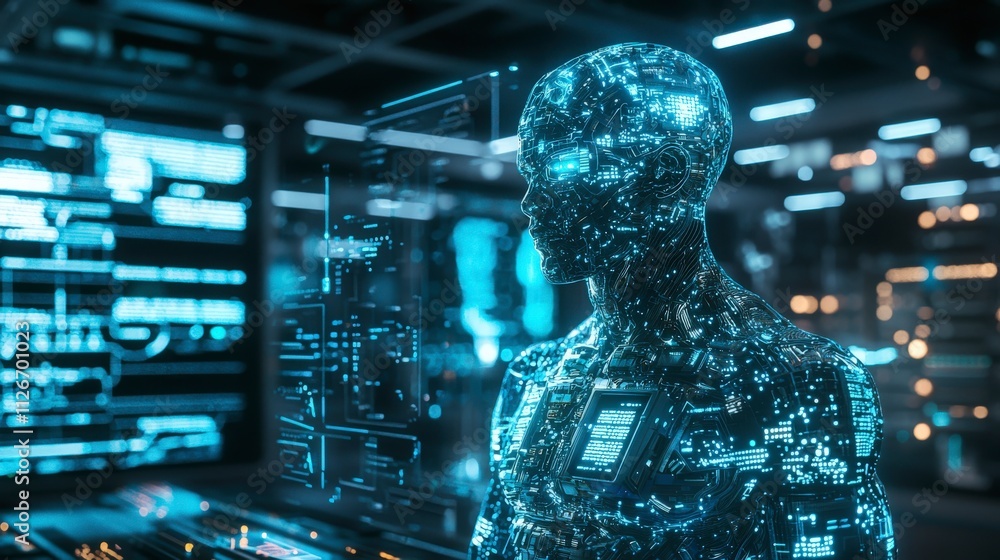 Poster Artificial intelligence humanoid in a sci-fi environment futuristic lab digital art high-tech setting close-up innovation
