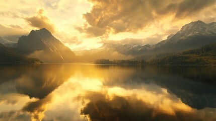 Obraz premium A calm lake with mirror-like reflections of golden clouds and rugged mountains in the background