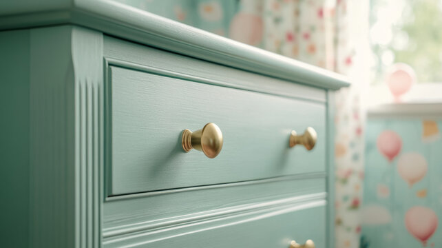 Teal dresser in a softly lit nursery room.