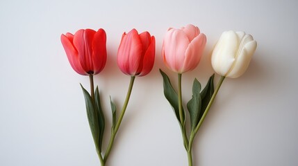 Naklejka premium A collection of colorful tulips arranged aesthetically on a plain background.
