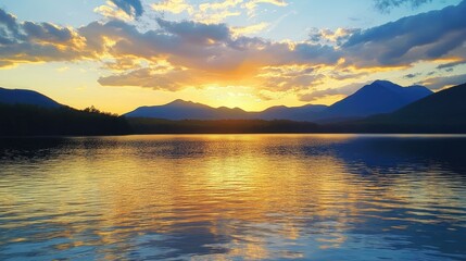 Fototapeta premium A picturesque scene of a golden hour sunset over a tranquil lake, with reflections of rugged mountain peaks