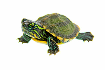 Obraz premium Adorable baby turtle isolated on white background, vibrant green and yellow shell, captivating eyes. Perfect for educational, nature, or pet-related projects.