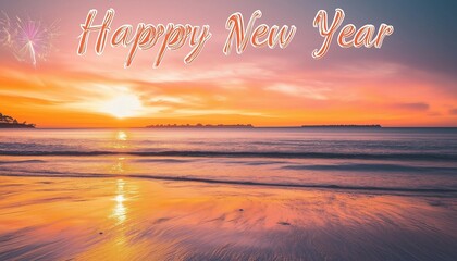 Sunset-themed "Happy New Year" card, warm orange and pink hues, peaceful and inviting look